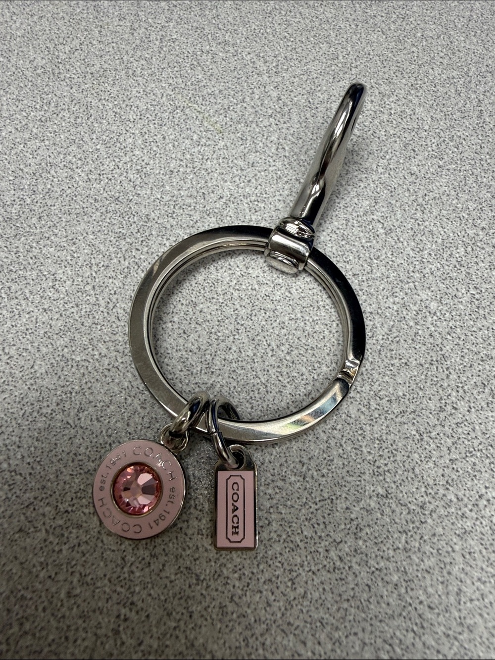 Coach Silver-Tone Key Ring with Pink Crystal and Enamel Tag